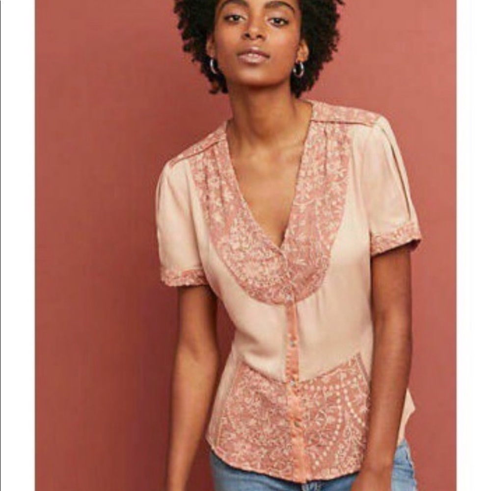 NWT Anthropology Pink Lace Button Down Top Size L